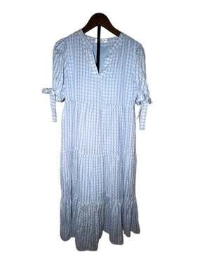 ECOWISH Light Blue Gingham Tiered Midi Dress - Size M- Puff Tie Sleeves